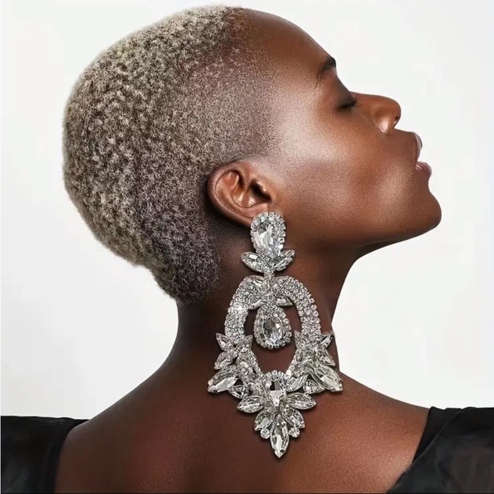 Silvery Exaggerated Full Shiny Rhinestone Inlaid Dangle Earrings Bohemian Luxury
